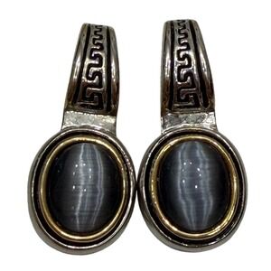 Silver Tone Drop Earrings Grey Cats Eye Greek Key Mixed Metal Vintage Style OS